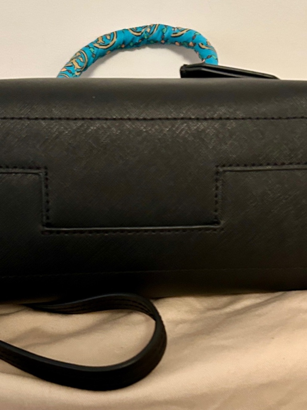 Tory Burch dark Navy Leather Satchel with Turquoise Scarf-Wrapped Handle - Picture 3 of 8